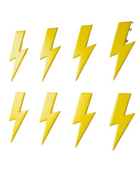 Golden lightning bolt icon set. Includes 8 yellow lightning icons. Created in metallic style with gold color.