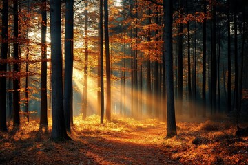Fototapeta premium Autumn forest with golden sunlight streaming through trees