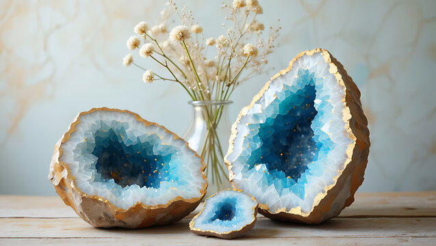 Blue crystal geodes with dried flowers natural rock - Powered by Adobe