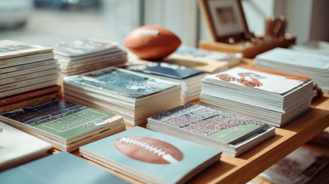 Variety of club flyers and sports brochures. Football-themed postcards and vintage magazines arranged on wooden table. Concept of nostalgia and sports.