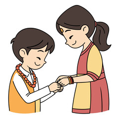 Brother and sister celebrating raksha bandhan festival tying rakhi and wearing traditional indian clothing