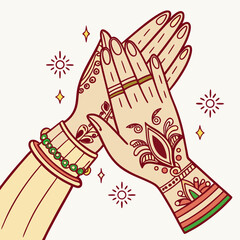 Beautifully decorated hands with intricate henna mehndi designs and jewelry sparkling with festive elements