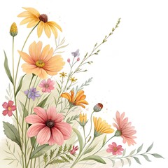 Obraz premium Watercolor Botanical Corner with Mixed Wildflowers in Bloom