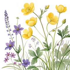Watercolor Spring Wildflower Corner with Yellow Buttercups