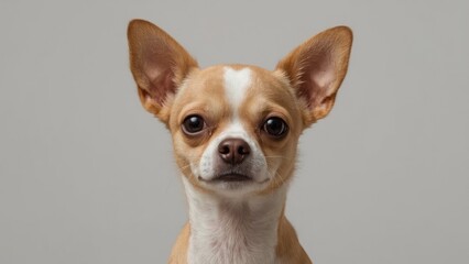 Obraz premium Close-up of a small dog on a plain grey surface. Isolated animal portrait.
