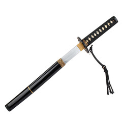  Katana with Curved Blade and Black Scabbard, Angled Perspective, Transparent Background