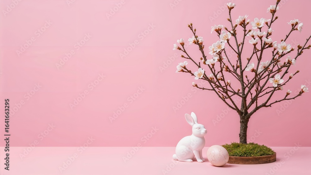 Poster miniature rabbit with spring blooms and space for text, close-up of flowering branches