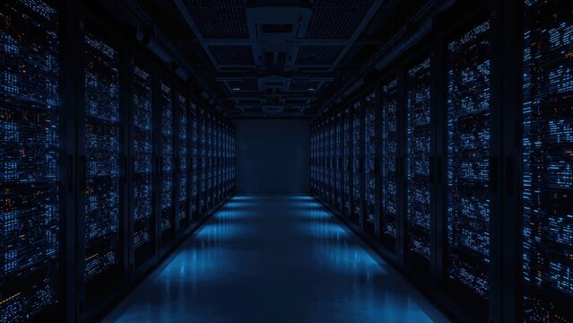 Server room in a cutting-edge data center storage setup featuring blue illumination