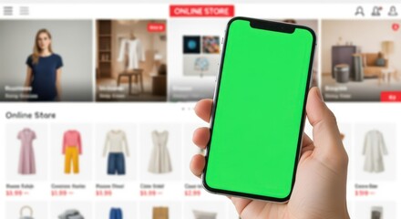 A hand holding a smartphone with a green screen, set against an online store backdrop.