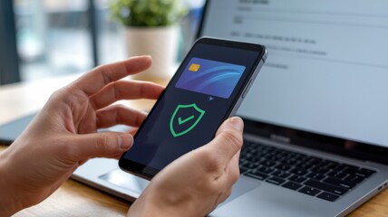 Online Security - A person's hands holding a smartphone with a green glowing shield and checkmark, and a credit card icon, symbolizing secure payments