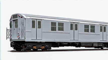 Classic Subway Car Isolated on White Background, Featuring Vintage Design and Silver Exterior for Transportation Concepts