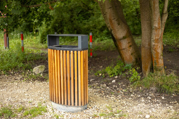 Wood trash bin in the park.