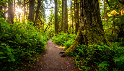 Obraz premium Serene Forest Pathway Through Tall Trees with Sunlight Filtering in Lush Greenery