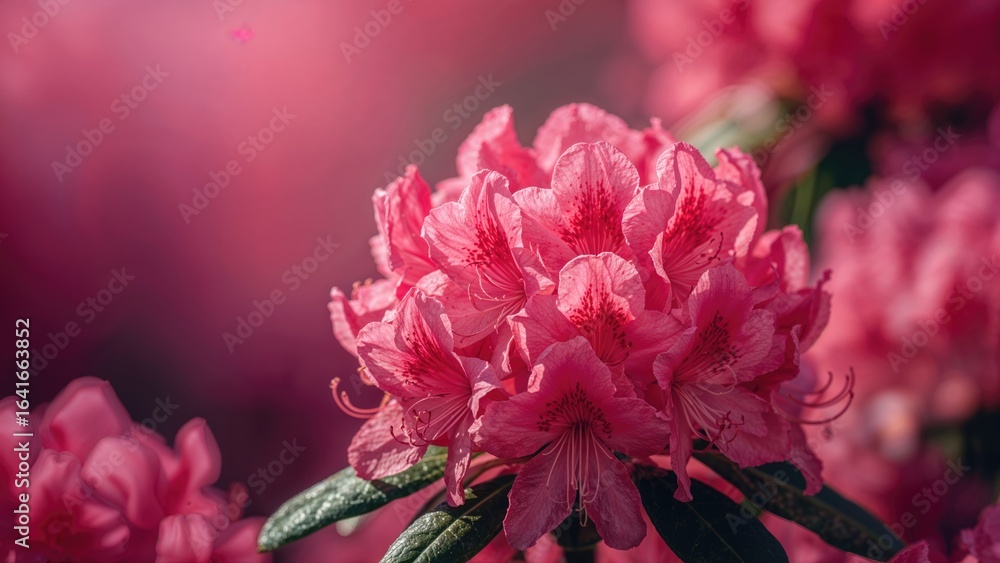 Poster spring garden filled with multicolored azalea blooms, close-up with soft background.