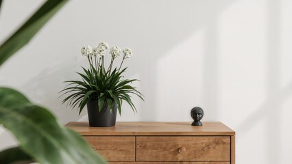 Desk adorned with a small plant and decorative figurine in front of a white wall