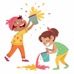 Joyful children celebrating with colorful water splashing from buckets during a festive outdoor event