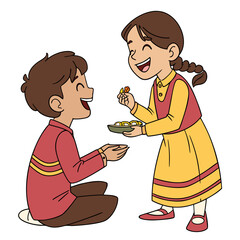 Joyful sister offering sweets to her brother during a festival celebration