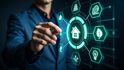 Person interacting with smart home technology interface digital futuristic