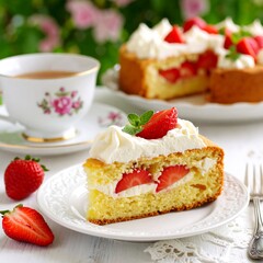 A slice of strawberry shortcake with whipped cream, alongside a cup of tea and fresh strawberries