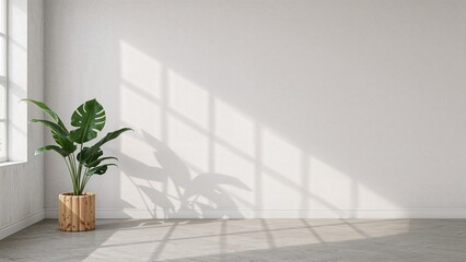 Fototapeta premium Brightly lit wooden counter adorned with monstera greenery and a clean white wall, perfect for exhibiting items