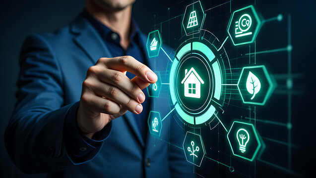 Person interacting with smart home technology interface digital futuristic - Powered by Adobe