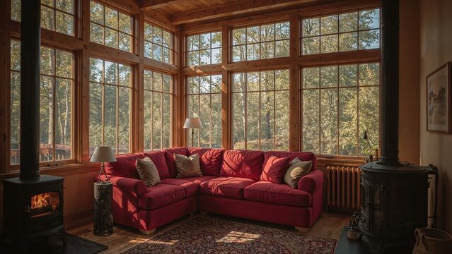 Chamber containing many window openings, a ruby settee, and a warming unit.