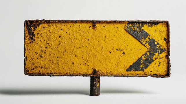 Distressed Yellow Arrow Sign with Rust and Weathering, Indicating Right Direction, on White Background - Powered by Adobe