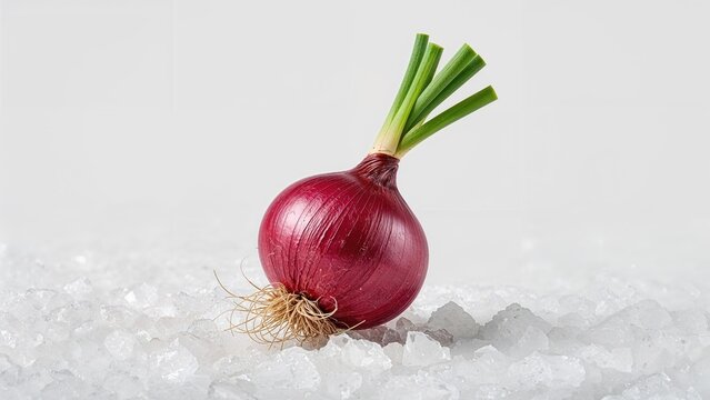 Roots and shoots developing on red onions and shallots against a white backdrop