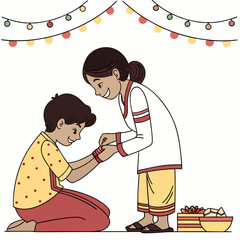Sister tying a rakhi on her brother s wrist during a festive celebration with colorful lights