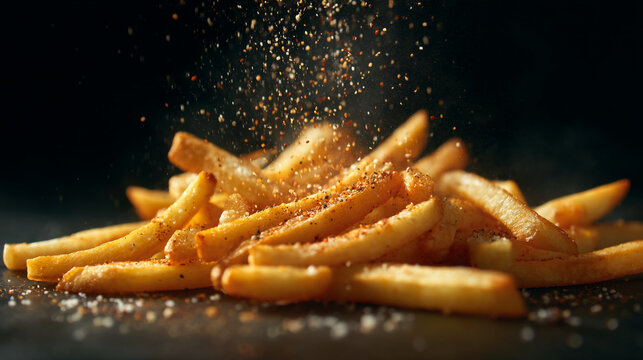 A pile of golden french fries being seasoned with spices against a dark background in a close up shot