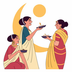 Three indian women in traditional attire celebrating a festival with diyas and sweets against a crescent moon and sun backdrop