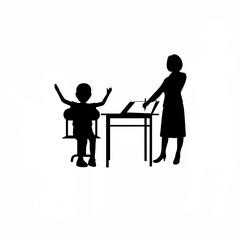 Happy child silhouette sitting at a classroom table drawing isolated on white background