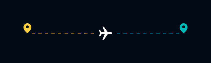 Flight route vector illustration. Airplane on dashed line on path to destination. Flight tracking interface. 