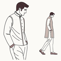 Two stylish men in traditional indian attire one standing with hands in pockets and the other walking