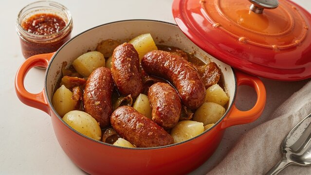 Sausage ring with potatoes and onions served alongside a jar of spicy condiment in a bright orange pot. Close-up view.