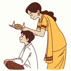 Woman in yellow sari performs a ritualistic ceremony with a plate of sweets and lit candles over a seated boy