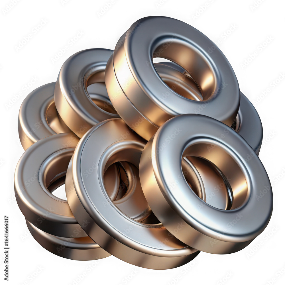 Poster 3d illustration of a shiny stack of metal rings arranged in a pile creating an interesting abstract 