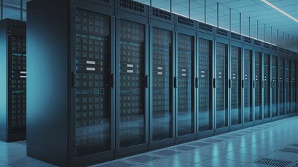 Data Center Server Room with Rows of Rack Servers for Cloud Computing and Information Technology Infrastructure
