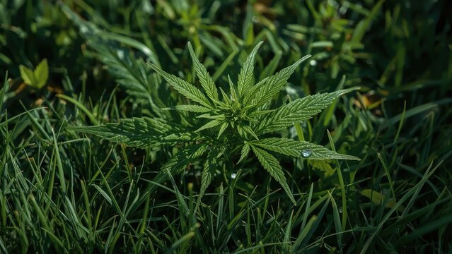 Young cannabis plants with a water droplet, showcasing fresh green foliage and natural textures in a vibrant summer setting