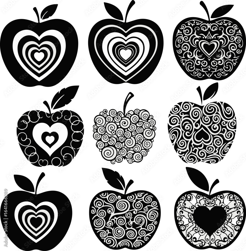 Poster Vector art of collection of decorative apples with intricate patterns isolated on white background
