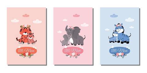 A set of templates for postcards, covers, banners, and more. Elephant, zebra, and tiger. The concept of motherhood. A set of funny animal moms and babies. Vector illustration.