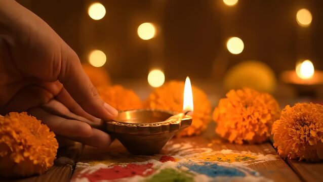 Women hand placing a lit oil lamp on a rangoli during Diwali celebration
