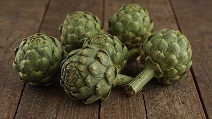 Obraz premium Recently picked artichokes lying on a vintage wooden surface, highlighting the farm-to-table ethos.
