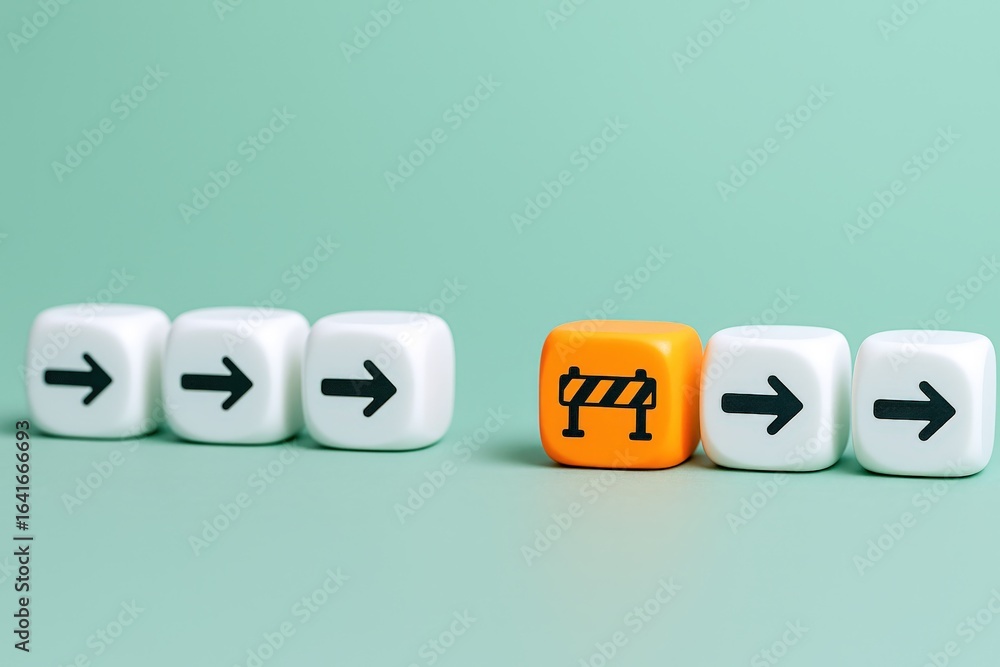 Poster business strategy concept: orange block with barrier, white blocks with arrows symbolizing overcomin