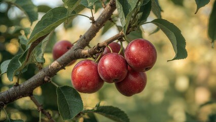 Deep red plums growing on a fruit tree