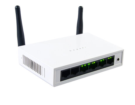 Angled Shot of White Wireless Router with Antennas and Illuminated Green Lights, Isolated