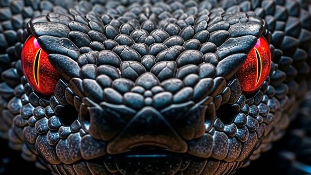 Mesmerizing close-up of a stunning black snake with piercing red eyes, showcasing intricate