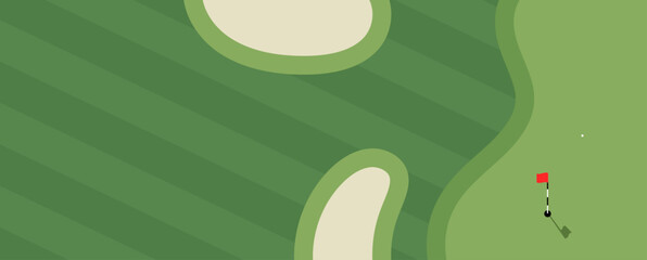Golf course illustration. Flat style vector illustration of golf course with bunkers, putting green and flag. Golf course illustration for golfing poster, landing page, web banner.
