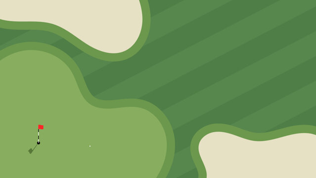 Golf course illustration. Flat style vector illustration of golf course with bunkers, putting green and flag. Golf course illustration for golfing poster, landing page, web banner. - Powered by Adobe