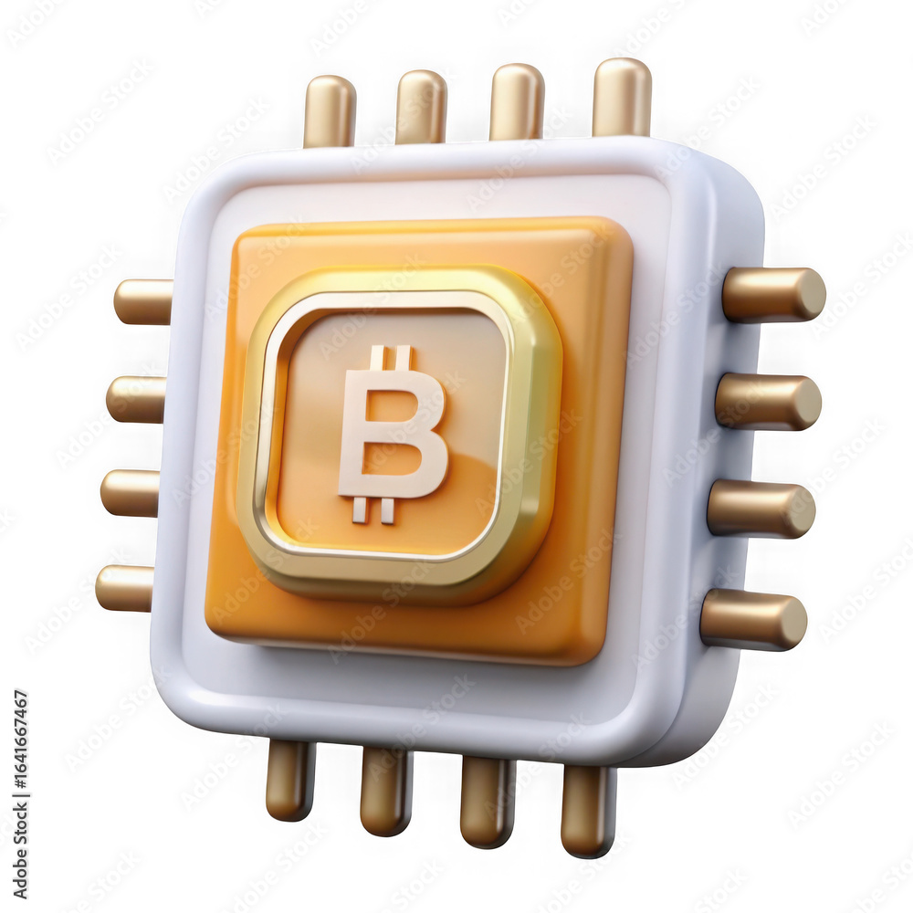 Fototapete 3d illustration of a 3d rendering of a bitcoin symbol on a computer chip representing digital curren